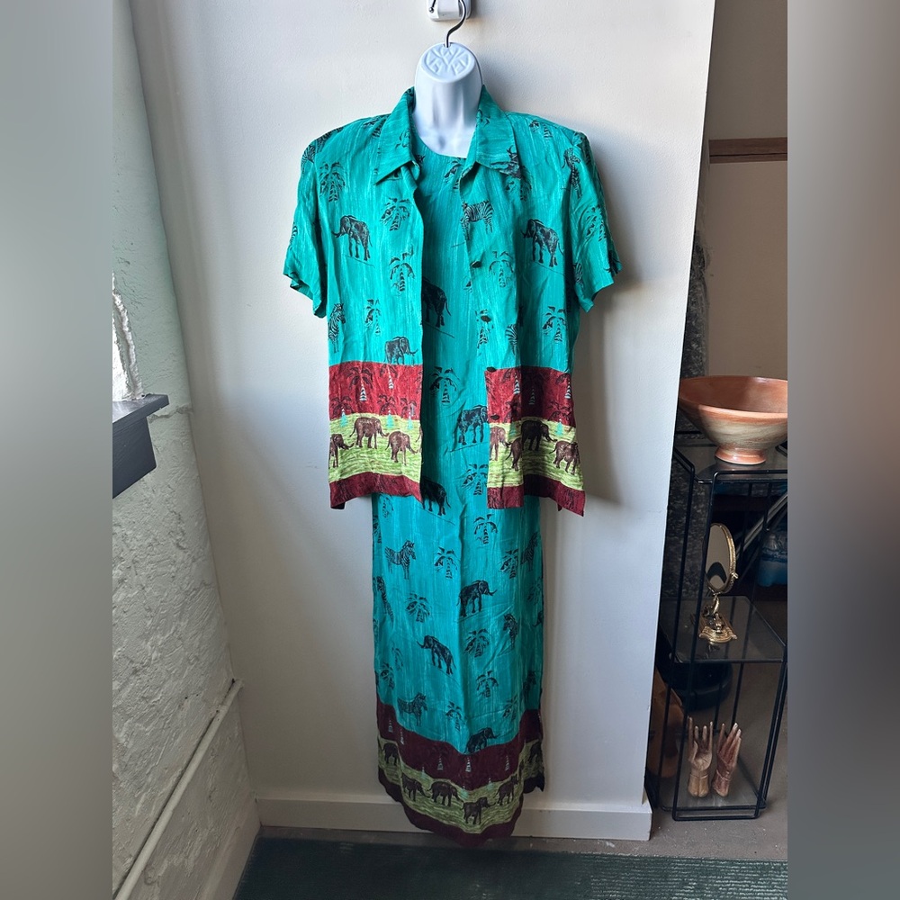 Safari Animal Print Rayon Maxi Dress Matching Shirt Set Elephant Zebra Tropical